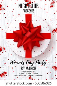 Beautiful flyer for Women's Day party. Top view on white gift box with red bow. Vector illustration with confetti and serpentine on wooden texture. Invitation to nightclub.