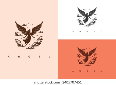beautiful flying angel logo illustration vector design in vintage style