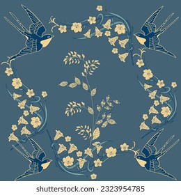 Beautiful flying birds and flowers. Textile background, line graphics. 
