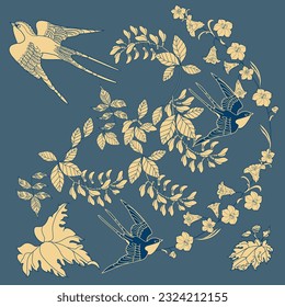 Beautiful flying birds and flowers. Textile background, line graphics. 
