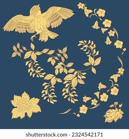 Beautiful flying birds and flowers. Textile background, line graphics. 