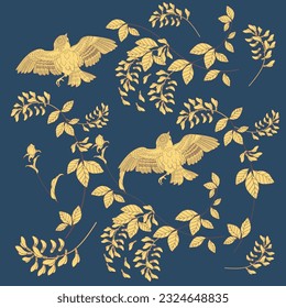 Beautiful flying birds and flowers. Textile background, line graphics. 
