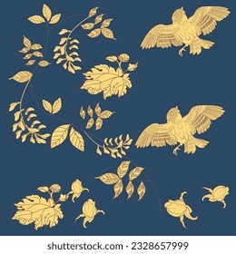 Beautiful flying birds and flowers. Textile background, line graphics. 