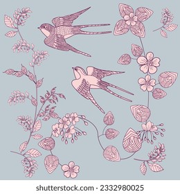 Beautiful flying birds and flowers. Textile background, line graphics. 
