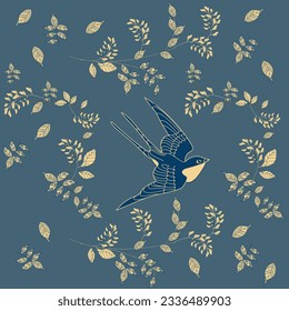 Beautiful flying birds and flowers. Textile background, line graphics. 
