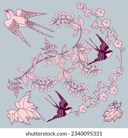 Beautiful flying birds and flowers. Textile background, line graphics. 
