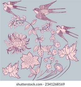 Beautiful flying birds and flowers. Textile background, line graphics. 
