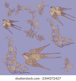 Beautiful flying birds and flowers. Textile background, line graphics. 