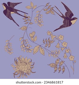 Beautiful flying birds and flowers. Textile background, line graphics. 
