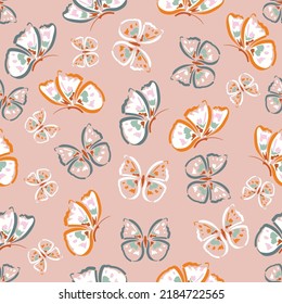 Beautiful Flying Butterflies and Flowers ,leaves Seamless pattern Vector illustration,Design for fashion , fabric, textile, wallpaper, cover, web , wrapping and all prints 
