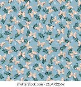 Beautiful Flying Butterflies and Flowers ,leaves Seamless pattern Vector illustration,Design for fashion , fabric, textile, wallpaper, cover, web , wrapping and all prints 
