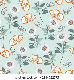 Beautiful Flying Butterflies and Flowers ,leaves Seamless pattern Vector illustration,Design for fashion , fabric, textile, wallpaper, cover, web , wrapping and all prints 
