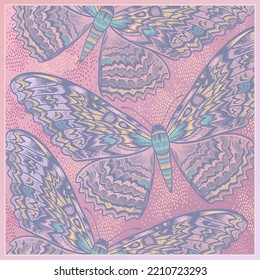 Beautiful flying butterflies. Summer abstract pattern. Vector illustration with insects. Abstract graphics. Pink pastel colour. Vintage. Template for pillows, interior and scarves.