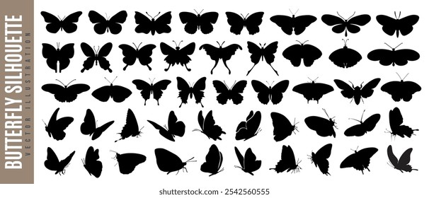 Beautiful flying butterfly, wild nature insect, firefly and summer or spring winged animal of different species silhouette or symbol art isolated on white background. Butterfly monarch or bug tattoo.