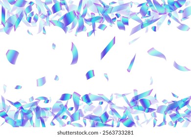 Beautiful flying confetti scatter vector background. Blue  hologram elements fiesta decor. Surprise burst falling confetti. Holiday celebration decoration illustration. Gift streamers.