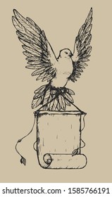 Beautiful flying dove. Flying pigeon with wings holding a scroll.
