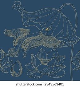 Beautiful flying ducks and flowers. Textile background, line graphics.