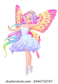 Schöne fliegende Fee Ballerina mit Schmetterlingsflügeln und hellen Regenbogenhaaren. Handgezeichnete isolierte Vektorillustration nicht KI.