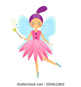 Beautiful flying fairy character with blue wings in pink dress. Elf princess with magic wand. Vector illustration in cartoon style for kids and babies