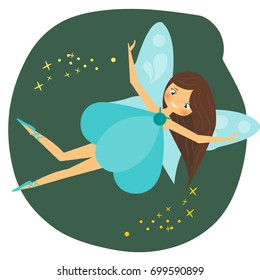 Beautiful flying fairy character with blue wings. Fantasy elf pixie princess spreading  dust. Winged girl in cartoon style. Winged girl in cartoon style. Vector illustration for kids and babies