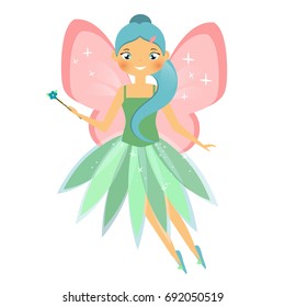 Beautiful flying fairy character with pink wings. Elf princess with magic wand. Vector illustration in cartoon style for kids and babies