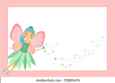 Beautiful flying fairy character with pink wings. Elf princess with magic wand. Pink frame design template for photos, children diplomas, kids certificate, invitations and etc