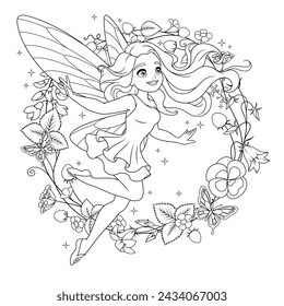 Beautiful flying fairy with dragonfly wings surrounded with flowers. Vector black and white illustration for coloring book page.