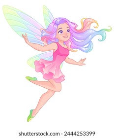 Hermosa hada voladora con alas de libélula y colorido cabello de arco iris. Ilustración vectorial aislada sobre fondo blanco.