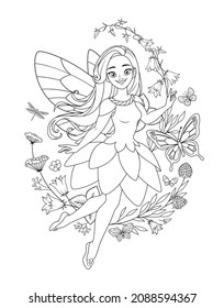 Beautiful flying fairy girl with wings surrounded with butterflies and flowers. Vector black and white illustration for coloring book page.