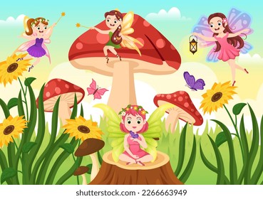 Beautiful Flying Fairy Illustration with Elf, Landscape Tree and Green Grass in Flat Cartoon Hand Drawn for Web Banner or Landing Page Templates