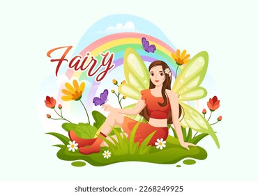 Beautiful Flying Fairy Illustration with Elf, Landscape Tree and Green Grass in Flat Cartoon Hand Drawn for Web Banner or Landing Page Templates