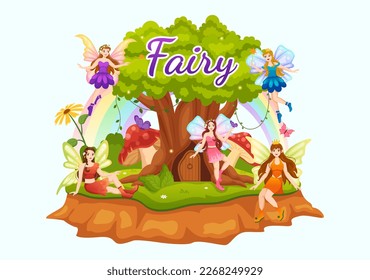 Beautiful Flying Fairy Illustration with Elf, Landscape Tree and Green Grass in Flat Cartoon Hand Drawn for Web Banner or Landing Page Templates