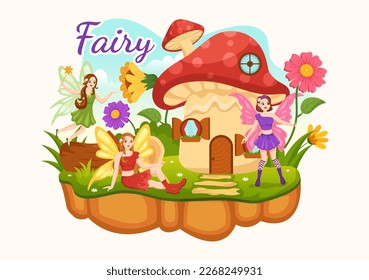 Beautiful Flying Fairy Illustration with Elf, Landscape Tree and Green Grass in Flat Cartoon Hand Drawn for Web Banner or Landing Page Templates