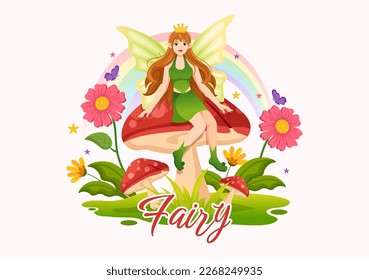Beautiful Flying Fairy Illustration with Elf, Landscape Tree and Green Grass in Flat Cartoon Hand Drawn for Web Banner or Landing Page Templates