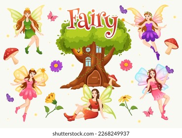 Beautiful Flying Fairy Illustration with Elf, Landscape Tree and Green Grass in Flat Cartoon Hand Drawn for Web Banner or Landing Page Templates