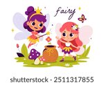 Beautiful Flying Fairy Vector Illustration with Elf, Landscape, Tree, and Green Grass in a Flat Style Kids Cartoon Background