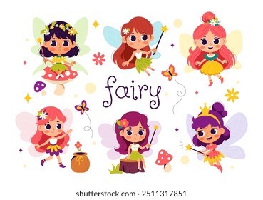 Beautiful Flying Fairy Vector Illustration with Elf, Landscape, Tree, and Green Grass in a Flat Style Kids Cartoon Background