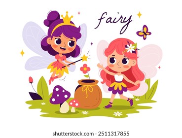 Beautiful Flying Fairy Vector Illustration with Elf, Landscape, Tree, and Green Grass in a Flat Style Kids Cartoon Background