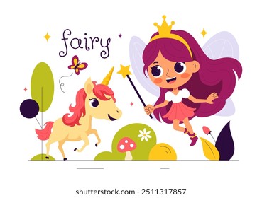 Beautiful Flying Fairy Vector Illustration with Elf, Landscape, Tree, and Green Grass in a Flat Style Kids Cartoon Background