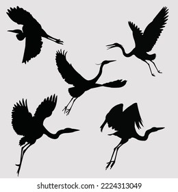 Beautiful Flying Heron Bird Silhouette Vector Bundle.