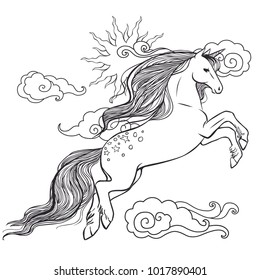 Beautiful flying horse with long flowing mane. Vector illustration for adult coloring book
