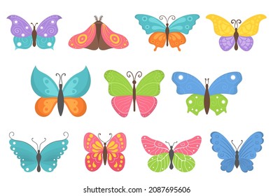 Hermosos insectos voladores. Mariposa de verano de estilo plano aislada en fondo blanco. Iconos de mariposas coloridas al estilo plano de dibujos animados. Elemento para web, juegos y publicidad. Ilustración vectorial. 