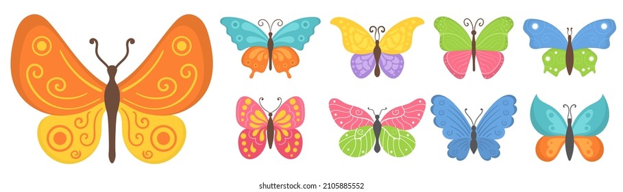 Beautiful flying insects. Summer butterfly in flat style isolated on white background. Colorful butterflies icons  in cartoon flat style. Element for web, game and advertising. Vector illustration.