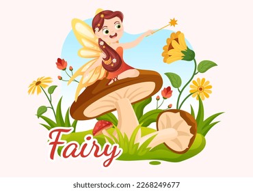 Beautiful Flying Little Kids Fairy Illustration with Elf, Landscape Tree and Green Grass in Flat Cartoon Hand Drawn for Web Banner or Landing Page Templates