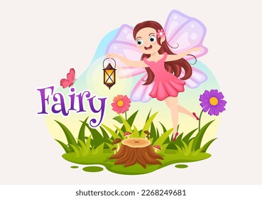 Beautiful Flying Little Kids Fairy Illustration with Elf, Landscape Tree and Green Grass in Flat Cartoon Hand Drawn for Web Banner or Landing Page Templates