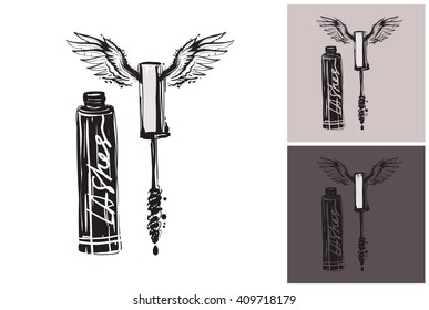 Beautiful flying mascara with angel wings vector hand drawn fashion sketch. Glamour vogue mascara. Isolated element on white, gray, black background. Trend fashion vector illustration