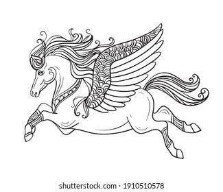 Beautiful flying pegasus. Vector black and white contour illustration for coloring page. For the design of prints, posters, postcards, coloring books, stickers, tattoos,