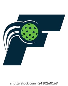 A beautiful flying pickleball logo vector over the letter F. You can use it as club logo, banner design etc.