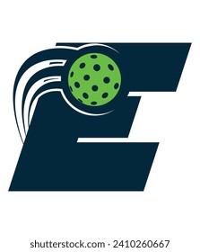 A beautiful flying pickleball logo vector over the letter E. You can use it as club logo, banner design etc.