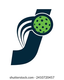 A beautiful flying pickleball logo vector over the letter J. You can use it as club logo, banner design etc.